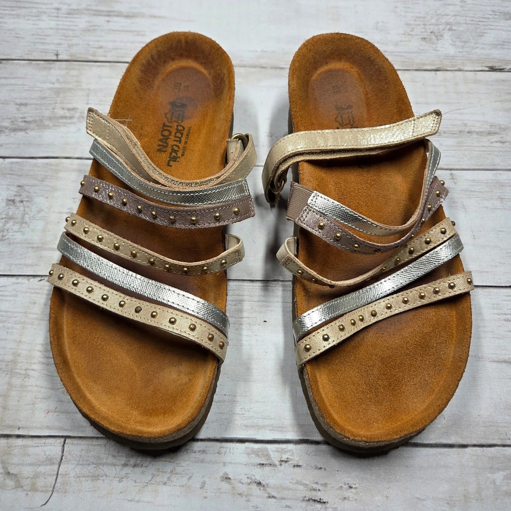 Naot Multi-Strap‎ Studded Slide Sandal Leather Womens 39(L8) Silver Gold Bronze